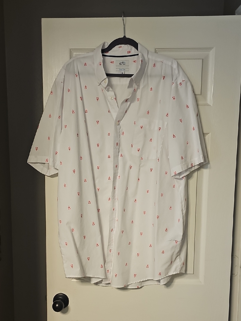 Short-Sleeve White Button-Up Shirt with Red Micro Print